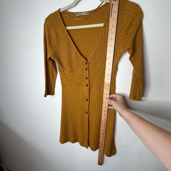 Pull & Bear Golden Yellow Cotton Rib Long Sleeve VNeck Button Up Mini Dress S - Picture 11 of 13